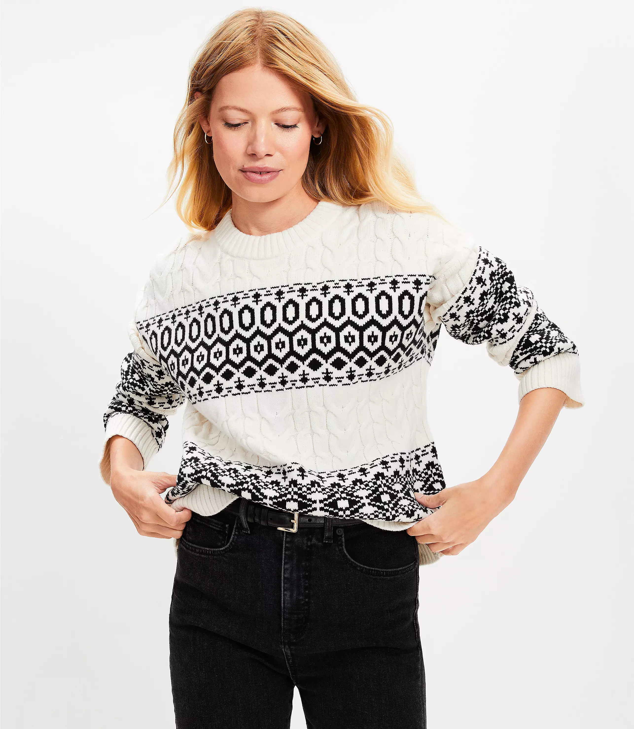 Petite Striped Fair Isle Cable Sweater | LOFT