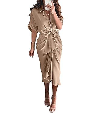 BTFBM Women 2024 Button Down Ruched Shirt Dresses Short Sleeve Lapel V Neck Elegant Party Spring ... | Amazon (US)