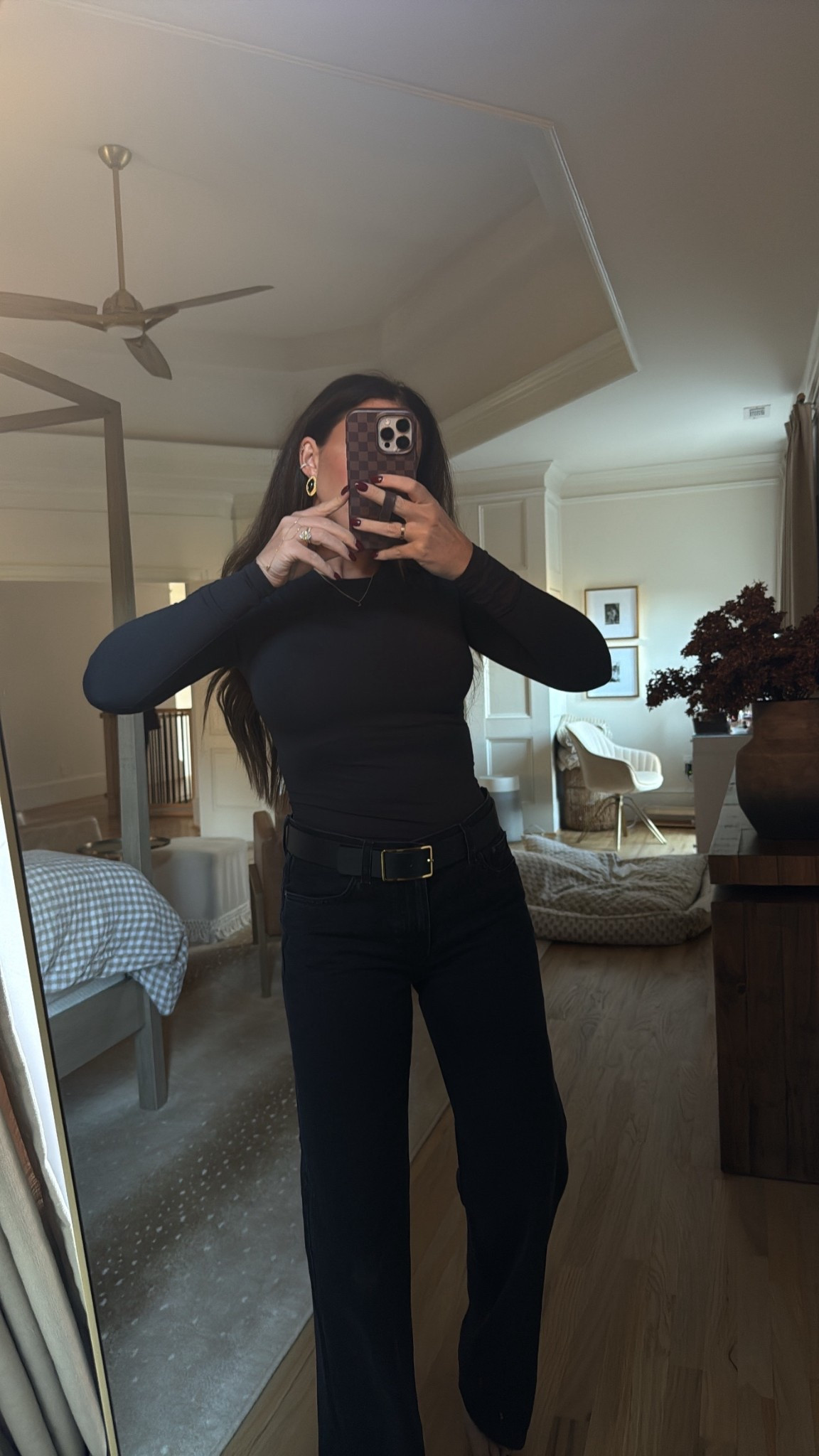 Amazon top- s
Black jeans size 28 true to size 
Amazon earrings 
Mary Jane’s true to size