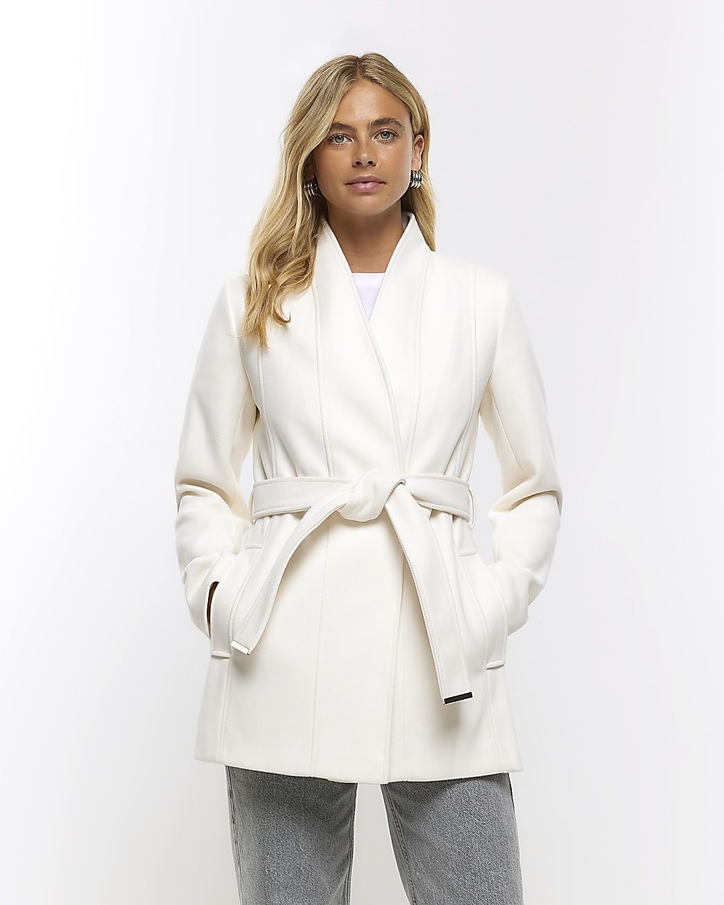 Cream belted wrap coat | River Island (US)