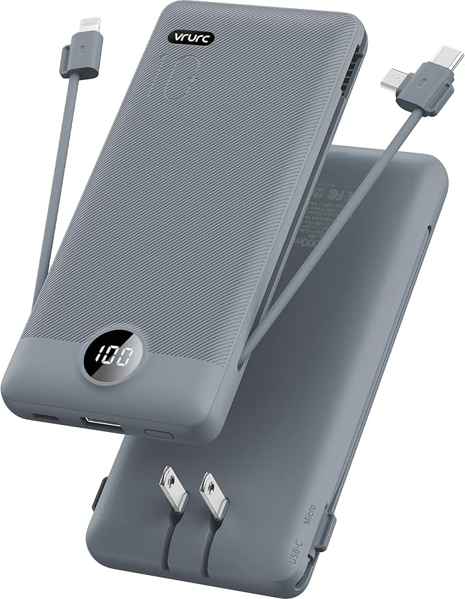 VRURC Portable Charger Built-in Cables and AC Wall Plug, USB C Power Bank 10000mAh, Travel Batter... | Amazon (US)