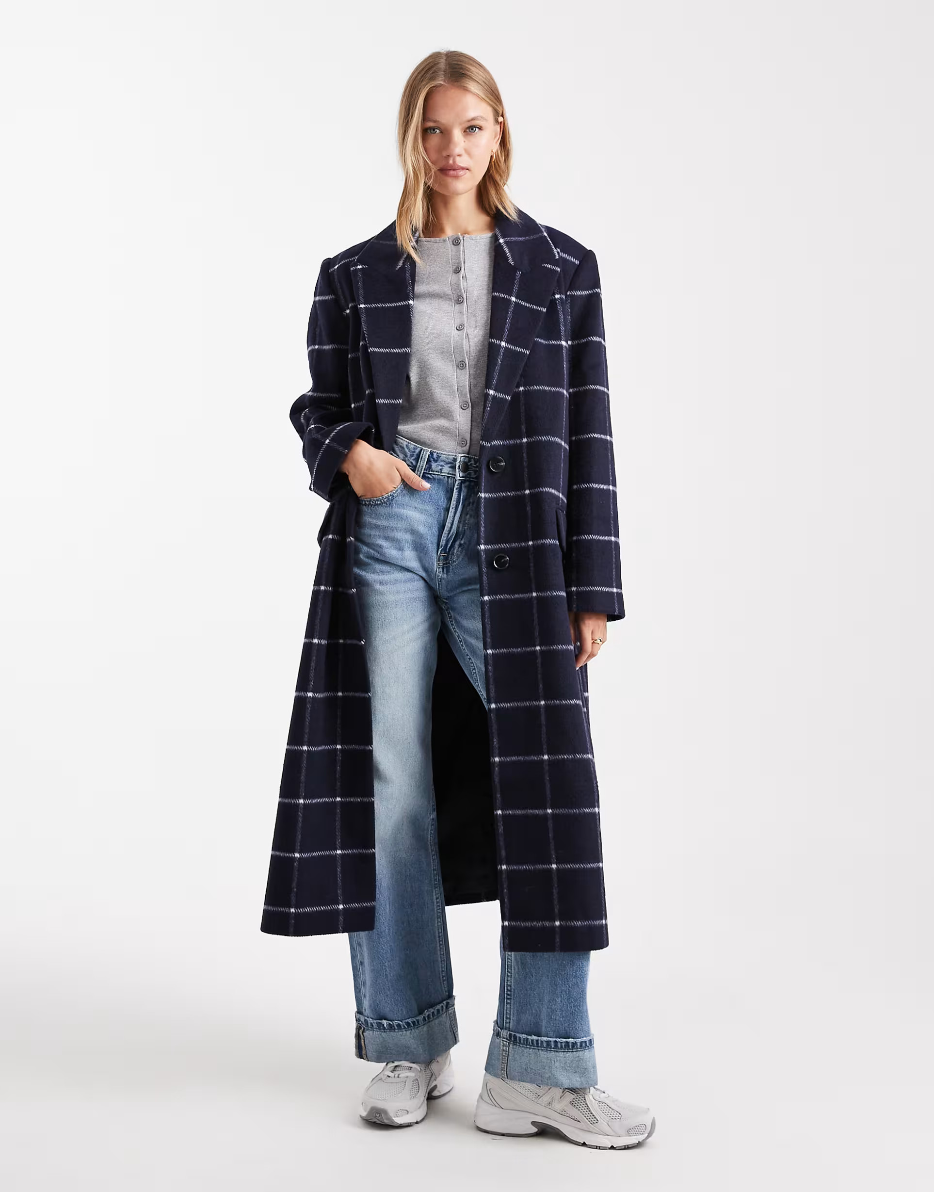 ASOS DESIGN longline formal coat in navy check | ASOS (Global)