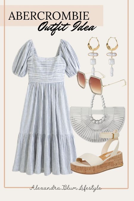 East coast old money vibe dress from Abercrombie! Peplum blue and white striped dress, white handbag, dangle earrings and oversized sunglasses! Spring outfit idea! Amazon accessories! Church dress! Spring dress! Graduation dress! Platform white strap sandals! Travel outfit!

#LTKfindsunder100 #LTKparties #LTKtravel