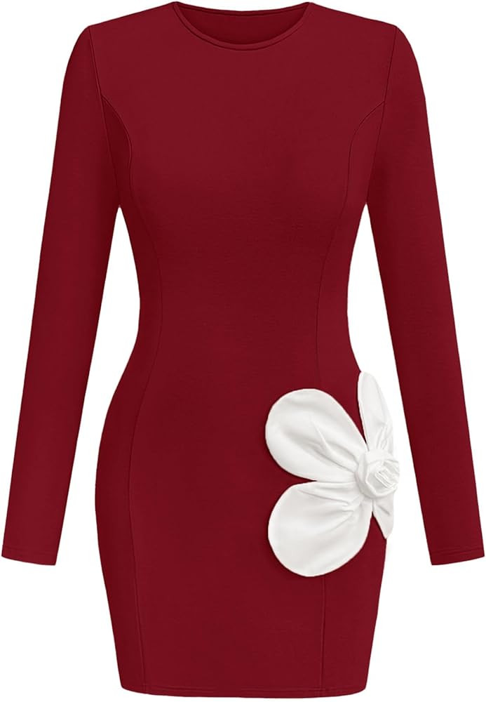 Lazysmile Fall Dresses for Women Long Sleeve Crewneck Floral Slim Fit Bodycon Party Club Going Ou... | Amazon (US)