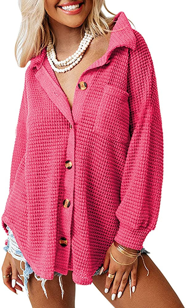 Dokotoo Womens Waffle Knit Shacket Jacket Casual Long Sleeve Button Down Shirts Dressy Blouses To... | Amazon (US)
