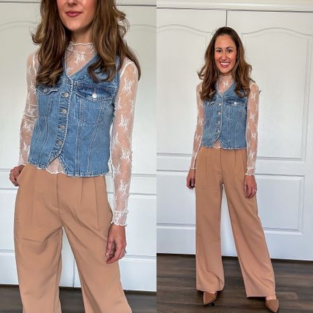 Western inspired outfit - denim vest from Target + Abercrombie trousers 

Western vest // sheer lace top // wide leg trousers // spring outfit 

#LTKSeasonal #LTKfindsunder100 #LTKstyletip