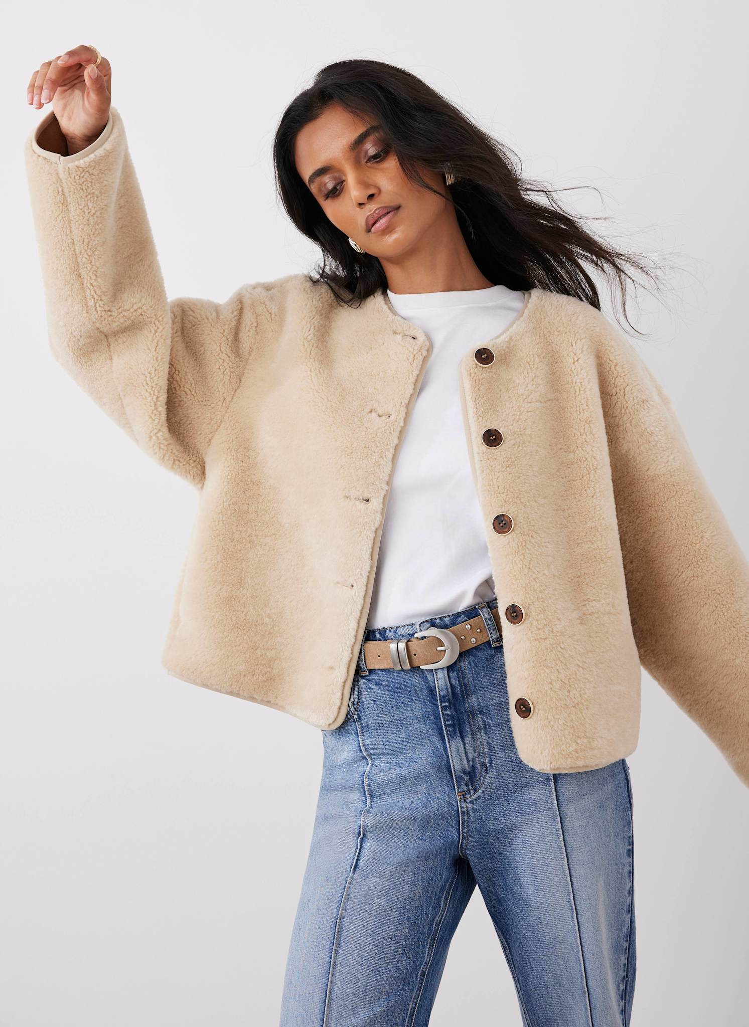 Neutral Borg Collarless Jacket | Mint Velvet