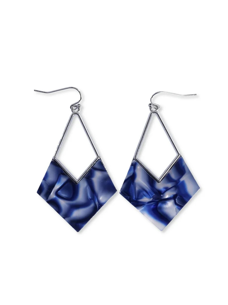 Time and Tru Women's Silver Tone Geometric Marbelized Navy Drop Earrings | Walmart (US)