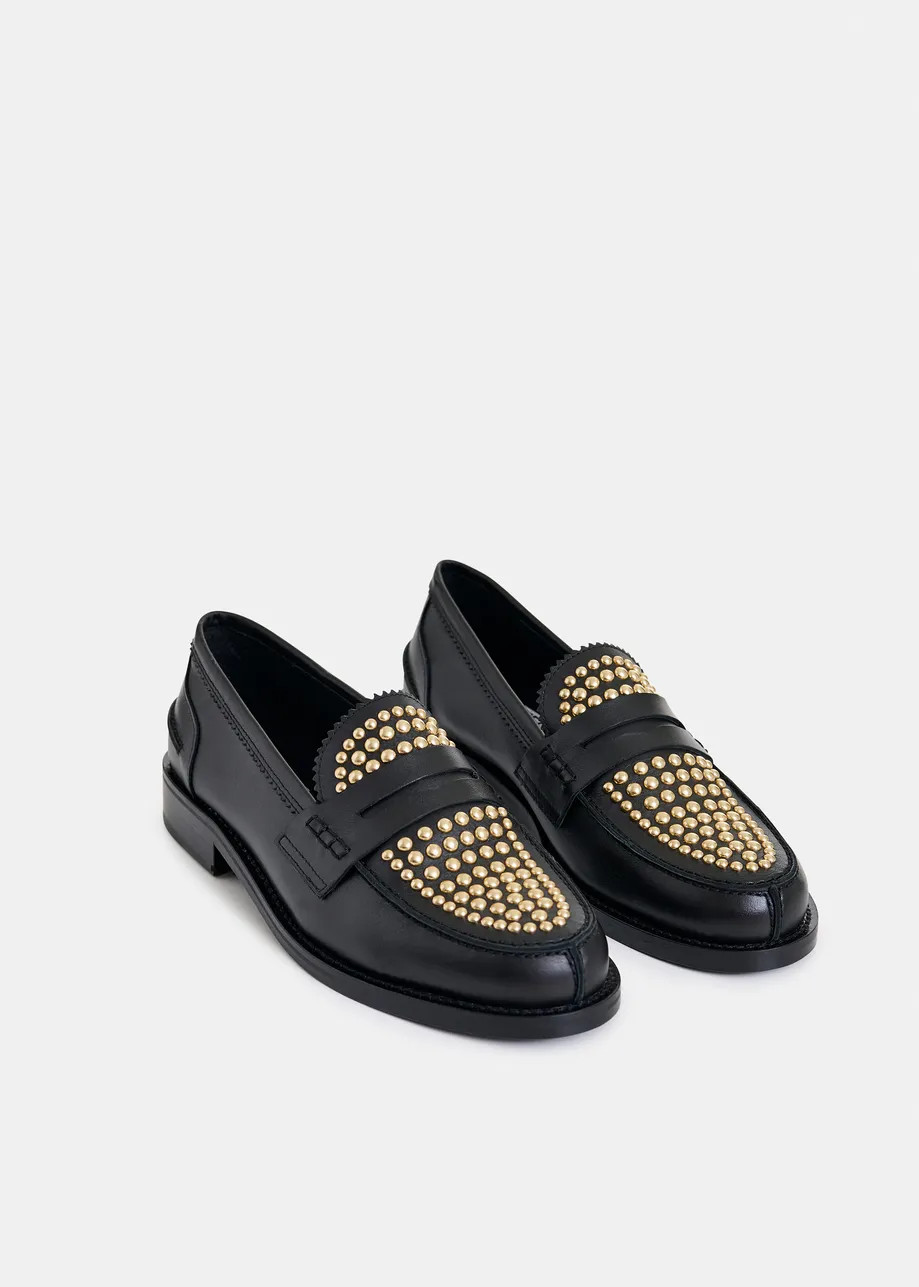 Black and gold leather loafers with stud embellishments | Essentiel Antwerp United Kingdom | Essentiel Antwerp