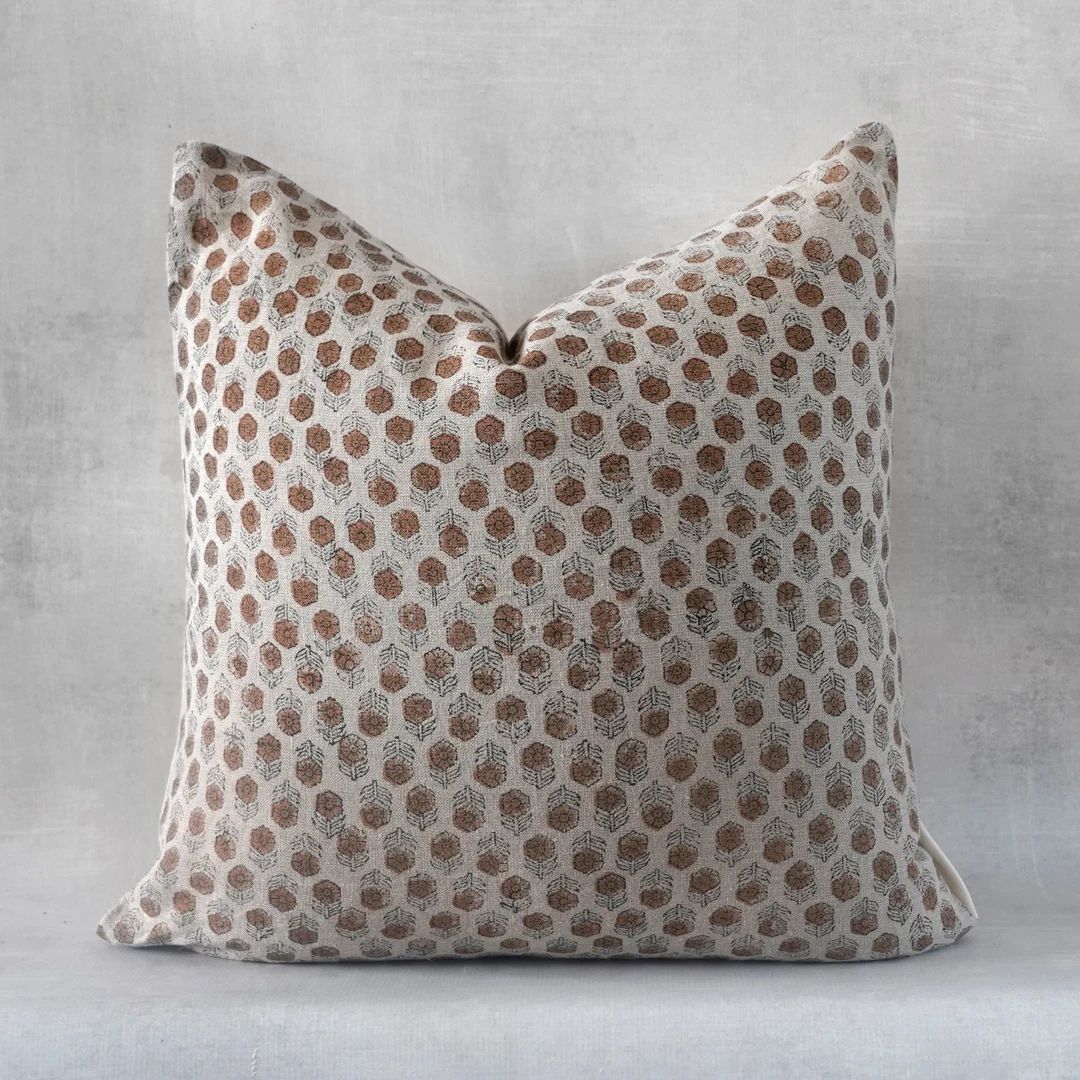 Brown Beige Pillow Cover | Neutral Pillow | Designer Floral Brown on Natural Linen Pillow Cover |... | Etsy (US)
