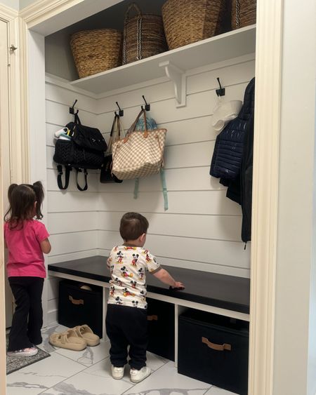 Mudroom storage. Open closet. Storage solutions. Home organization. Home decor. Baskets. Shoe bins. Laundry room storage. Entry way bench. Shiplap wall. 

#LTKHome