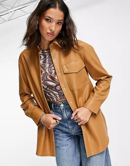 Topshop faux leather oversized shirt jacket in camel | ASOS (Global)