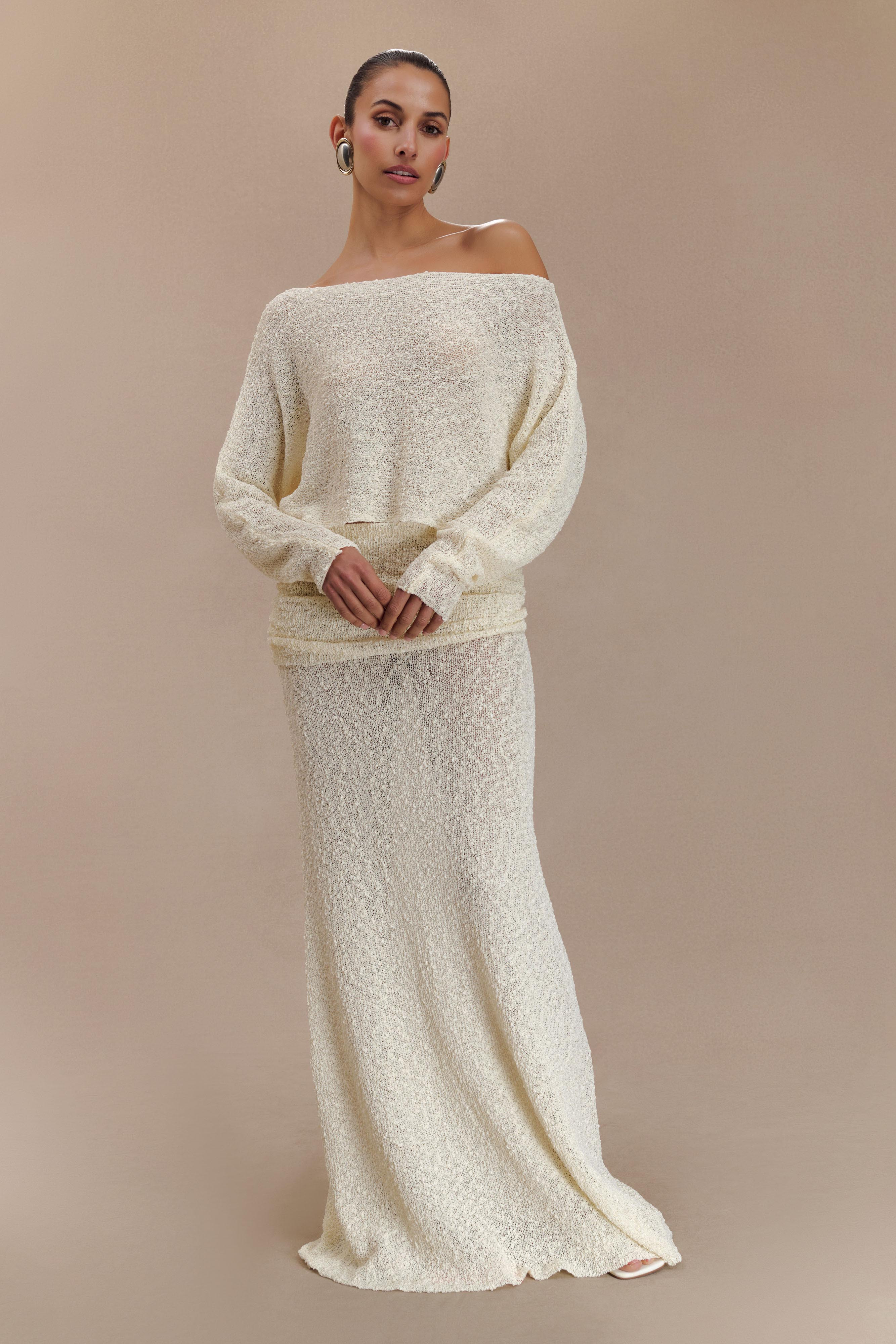 Petra Ruched Knit Maxi Skirt - Ivory | Meshki (APAC)
