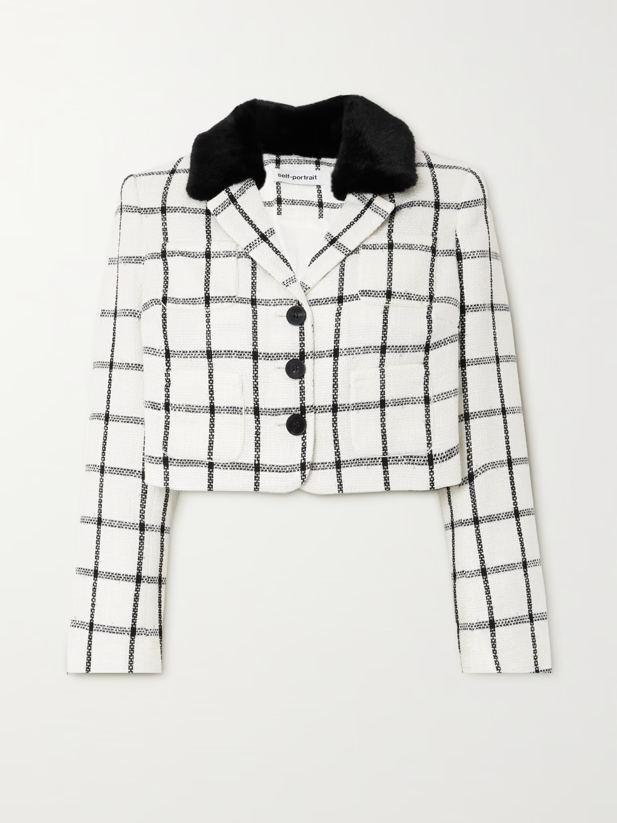 Self-Portrait - Cropped Faux Fur-trimmed Checked Tweed Jacket - Cream | NET-A-PORTER (US)
