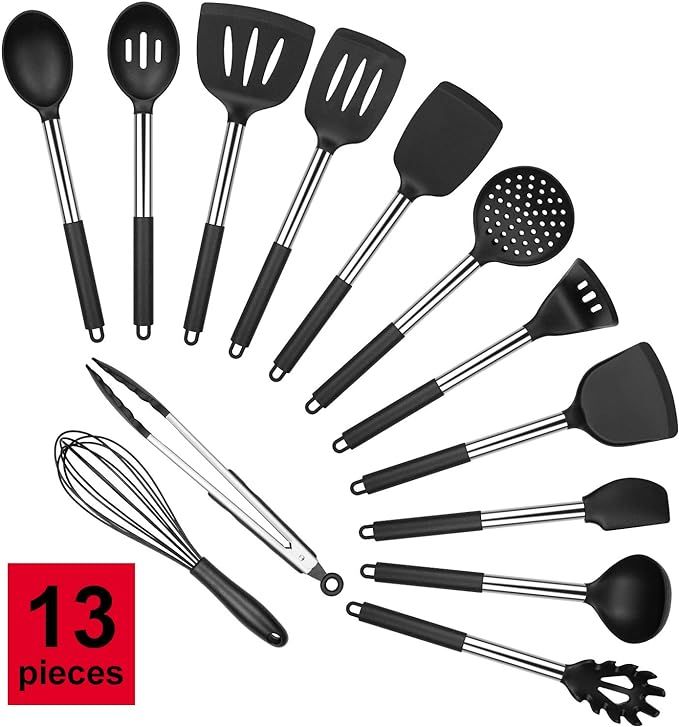Kitchen Utensil Set 13 Cooking Utensils Silicone and Stainless Steel Turner Spatula Spoon Tongs W... | Amazon (US)