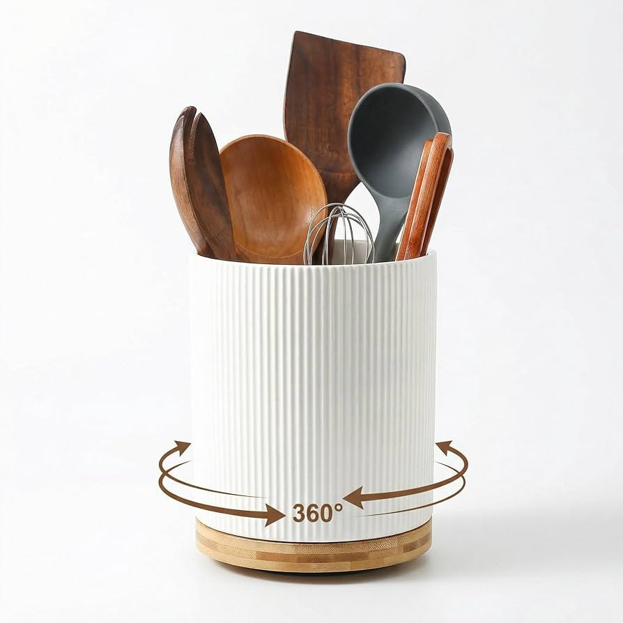 KSENDALO 7.76" Large Ceramic Utensil Holder for Kitchen Counter, 360° Rotating White Kitchen Ute... | Amazon (CA)
