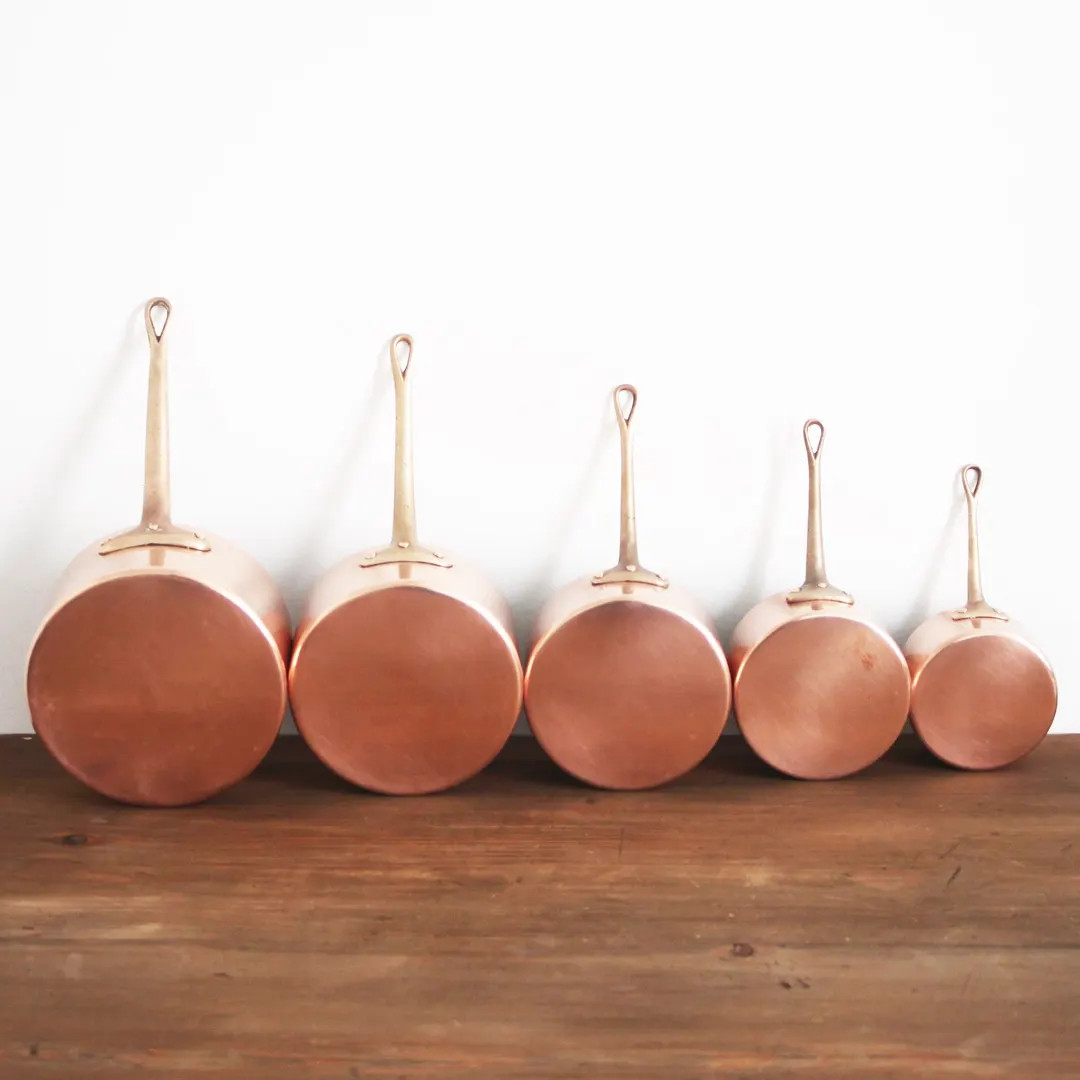 Vintage French Copper Pots Pans Saucepans With Brass Handles Set of 5 Stamped Art Et Cuisine Made... | Etsy (US)