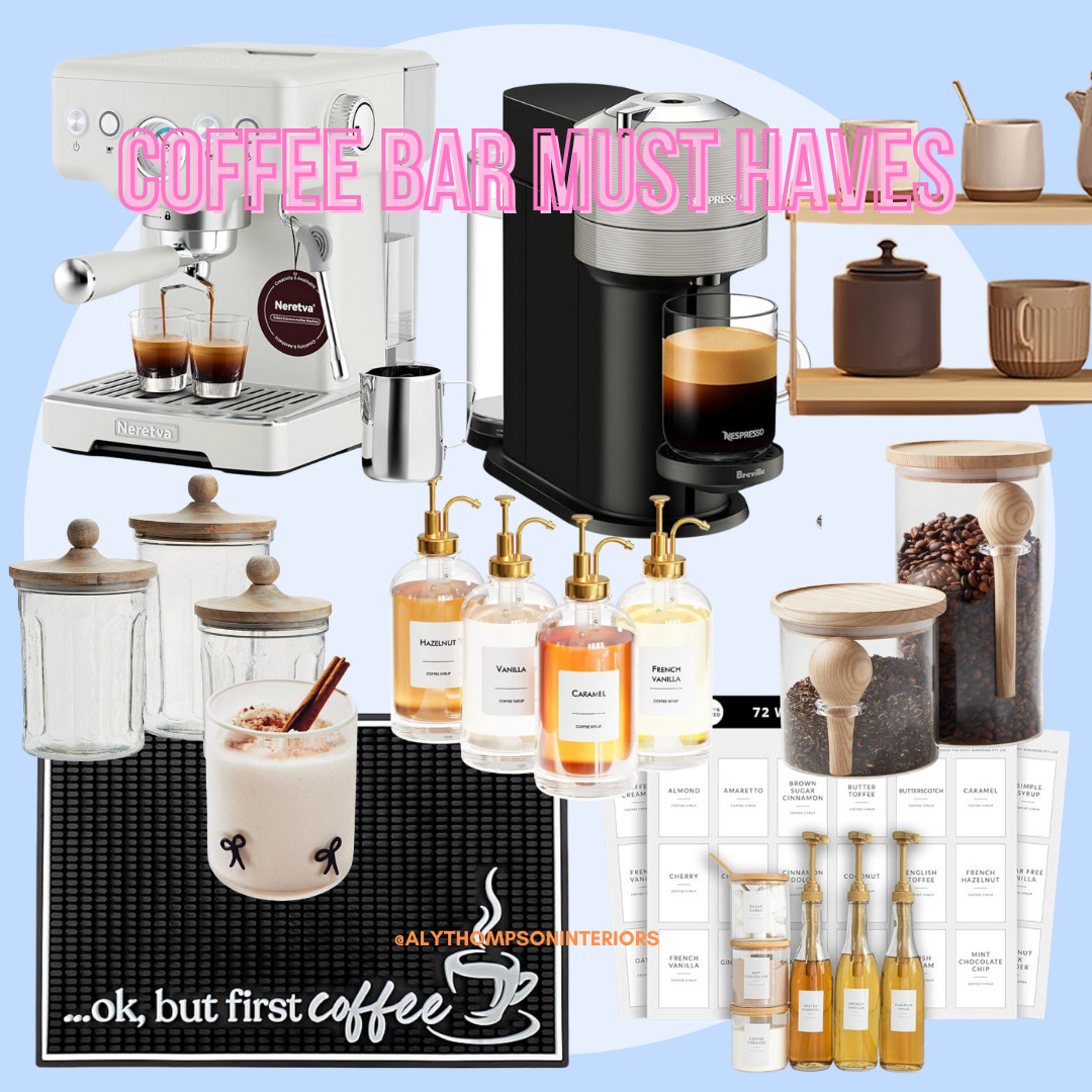 Coffee Bar Must Haves | Coffee Bar | Coffee Machine | Espresso Maker | Coffee Stirrer | Canisters | Syrup Containers | Coffee Bean Canisters | Coffee Mug Shelf 

 #LTKmorningroutine #LTKselfcare #LTKHome