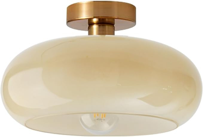 Brass Flush Mount Ceiling Light Mid Century Modern Ceiling Light fixtures Brushed Gold Milk Yello... | Amazon (US)