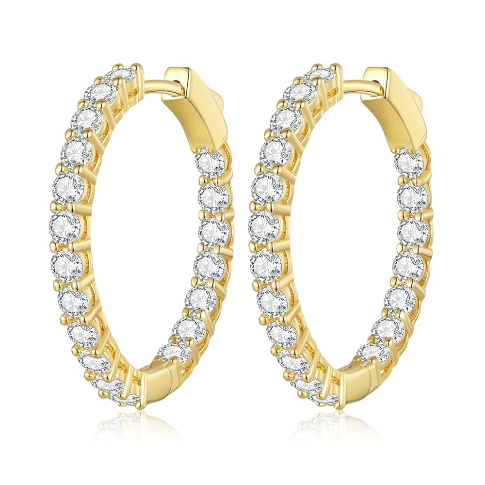 Gold Hoop Earrings for Women 14K Gold Plated Cubic Zirconia Hoop Earrings for Women 30mm Diamond ... | Amazon (US)