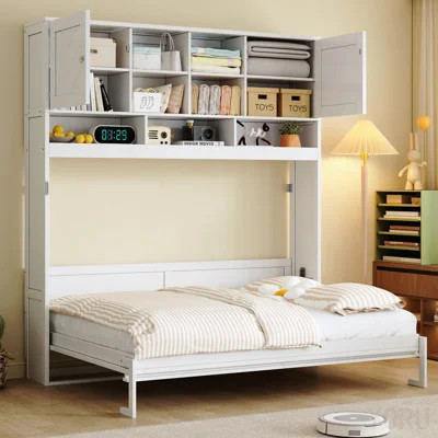 Queen Size Wall Murphy Bed With Ample Storage Space And Chevron Stripes, White | Wayfair North America