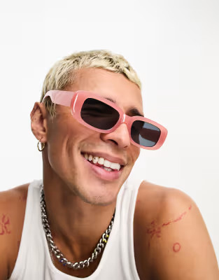 ASOS DESIGN mid rectangle sunglasses with smoke lens in pink | ASOS (Global)