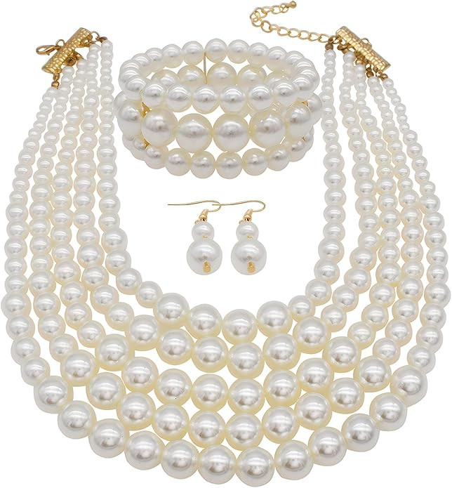JNF Large Faux Pearl Necklaces for Women Multi strand Pearl Necklace Bracelet and Earrings Set Co... | Amazon (US)