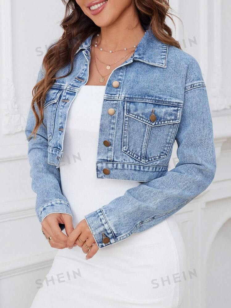 SHEIN ICON Women's Drop Shoulder Long Sleeve Denim Jacket With Pockets | SHEIN