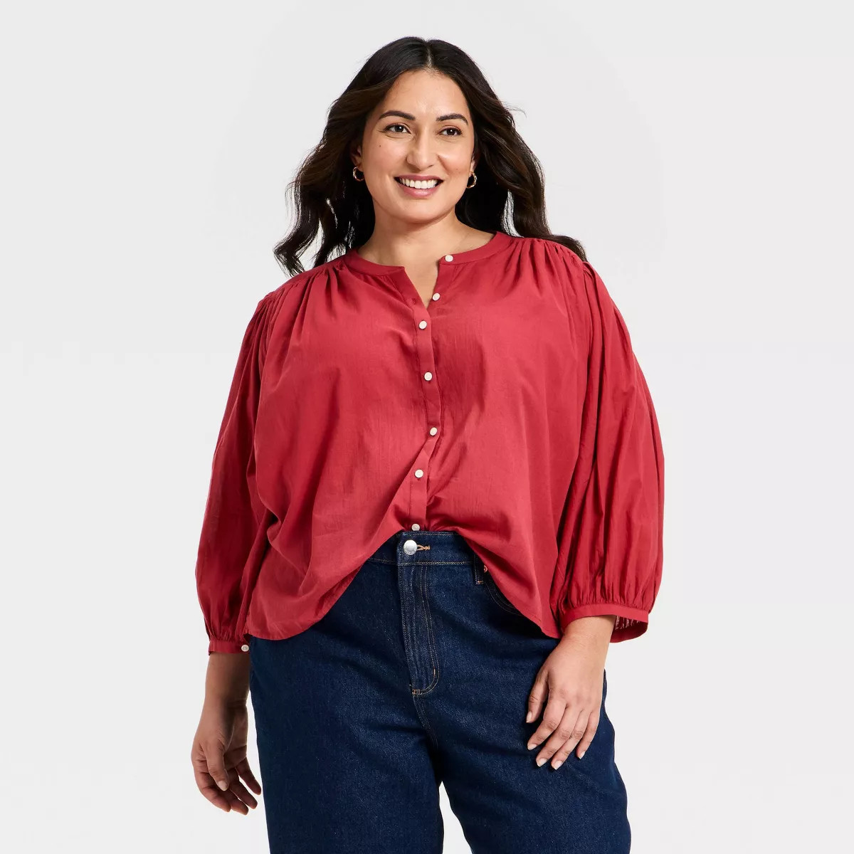 Women's Puff Long Sleeve Banded Collar Neck Blouse - Universal Thread™ | Target