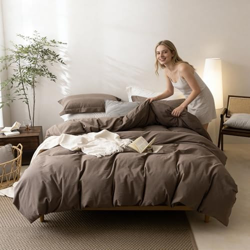 BDEAR Linen Feel Light Chocolate Brown Duvet Cover Twin Size 90'' L x 68'' W, 100% Washed Cotton ... | Amazon (CA)