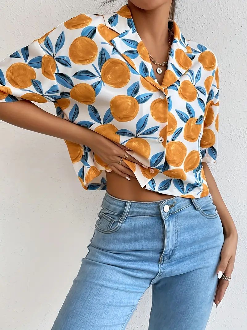 Orange Print Button Front Shirt Vintage Lapel Drop Shoulder - Temu | Temu Affiliate Program