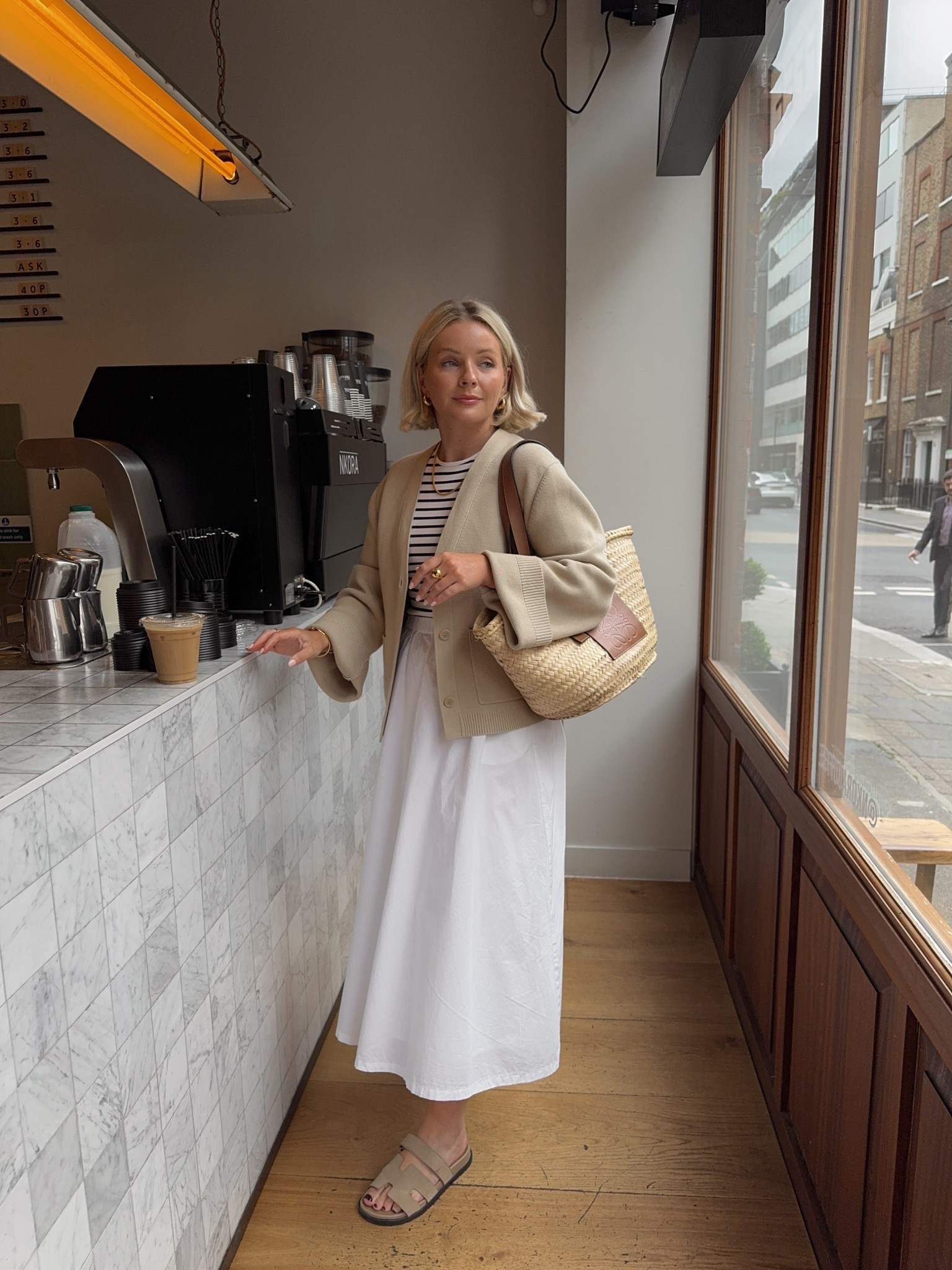 Love this spring/summer look! This pic is from 2024 so items aren’t new, cardi is Arket (linked the very similar new version below) white cotton midi is M&S 