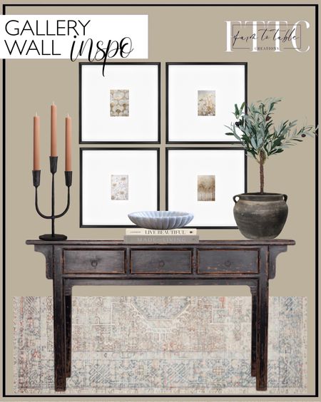 Gallery Wall Inspo. Follow @farmtotablecreations on Instagram for more inspiration.

21.49" x 21.49" Matted to 5" x 7" Gallery Single Image Frame Black - Threshold. MONTEREY ELM WOOD CONSOLE TABLE Luxe B Co. Mini Olive Tree. Vintage Vase Pot. Iron 3 Arm Candleabra. Marble Fluted Scallop Bowl. 2pk 1.06oz 10" Coffee Quartz Unscented Ribbed Taper Flame Candles. Chris Loves Julia x Loloi Jules Oriental Natural/Ocean Area Rug. Vintage Digital Art. Live Beautiful Book. Made For Living Book. 

#LTKsalealert #LTKhome #LTKfindsunder50