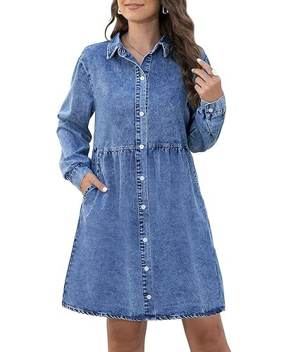 KDF Denim Dress for Women with Pockets Long Sleeve Babydoll Denim Shirt Dresses for Women 2025 Medium Blue Size Medium | Amazon (US)