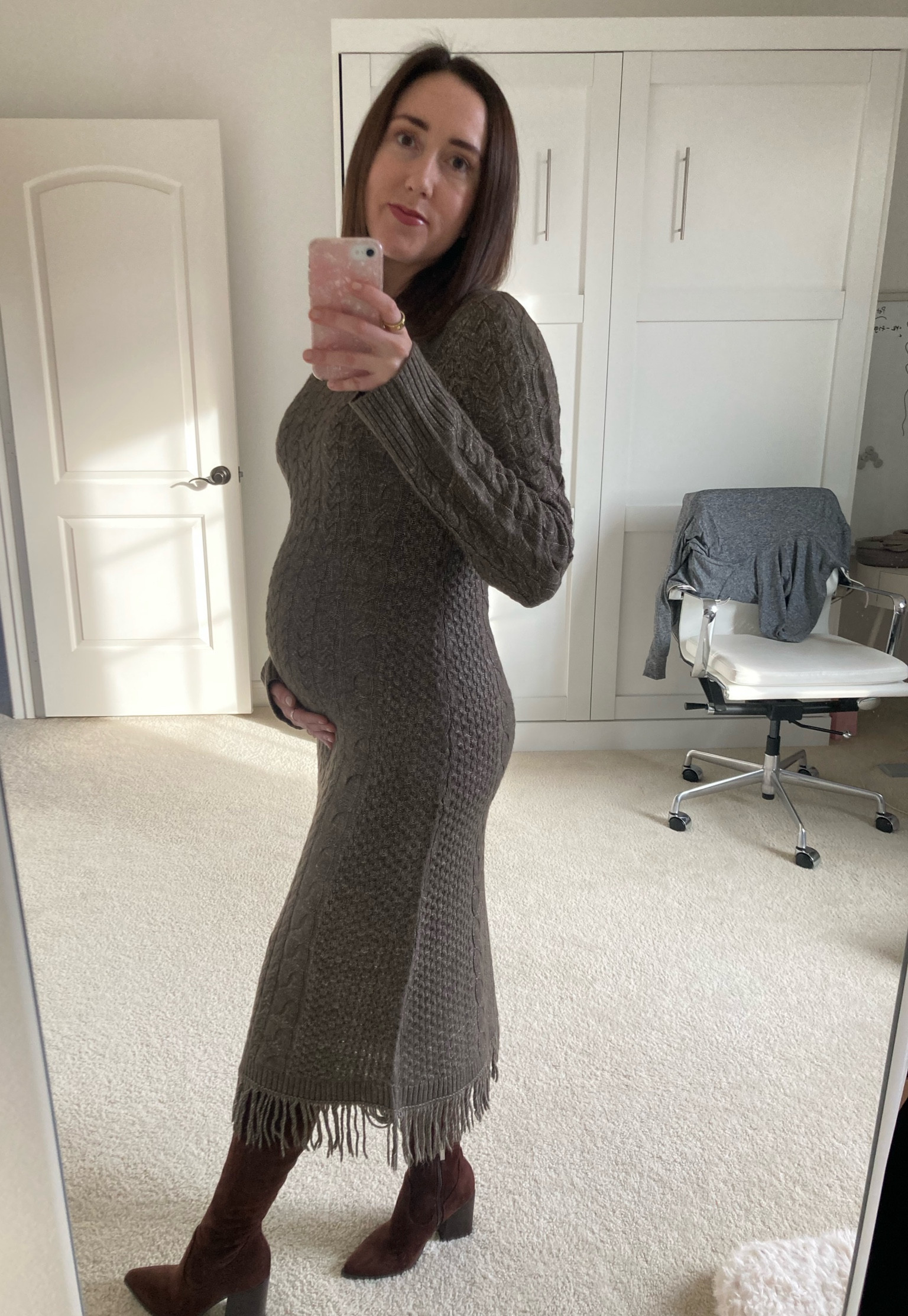 This dress feels like you’re wearing a cozy blanket! Perfect maternity dress, I’m wearing a size small and there’s lots of room. Also, the boots are on sale!

#LTKshoecrush #LTKsalealert #LTKbump