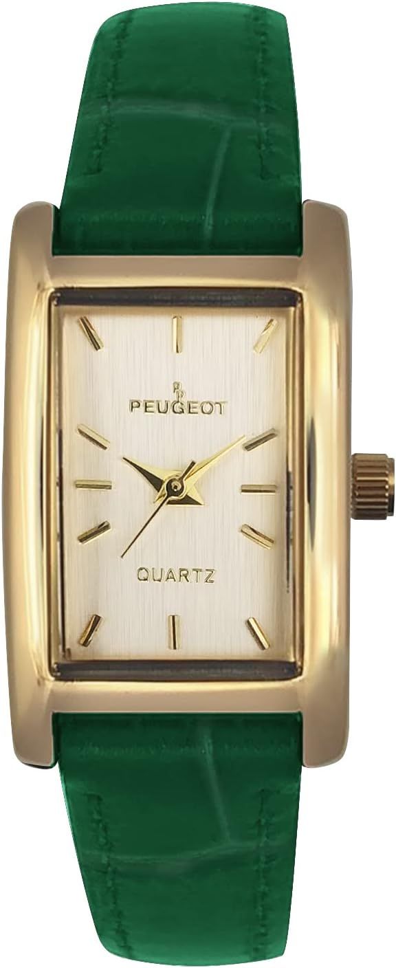 Peugeot Women's Classic 14Kt Gold Plated Watch, Rectangular Tank Shape Case with Leather Band and... | Amazon (US)