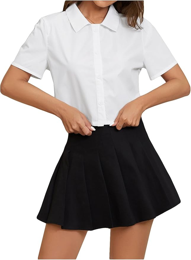 SweatyRocks Women's Casual Short Sleeve Button Down Shirt Collar Blouse Crop Top | Amazon (US)