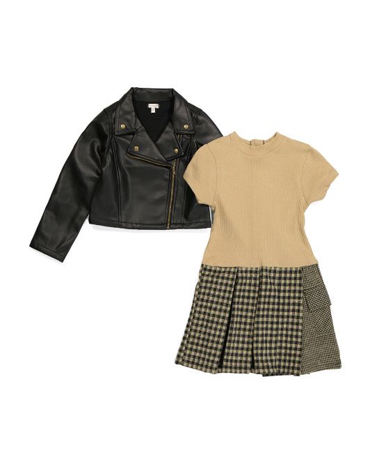 Girls Plaid Dress With Faux Leather Moto Jacket | TJ Maxx