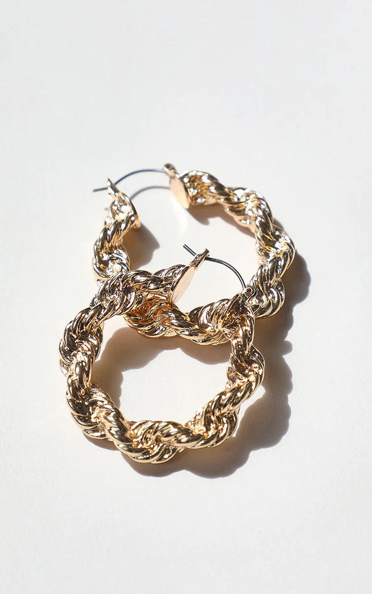 Gold Twisted Textured Hoop Earrings | PrettyLittleThing US