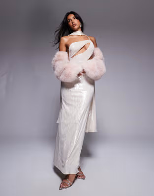 ASOS DESIGN metallic asymmetric slash neck maxi dress with neck tie sash in gold | ASOS (Global)