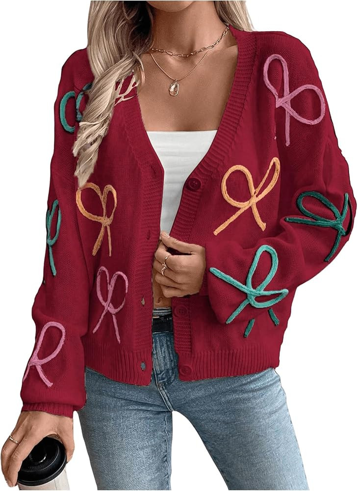 WDIRARA Women's Bow Cardigan Button Down V Neck Long Sleeve Drop Shoulder Knit Sweater | Amazon (US)