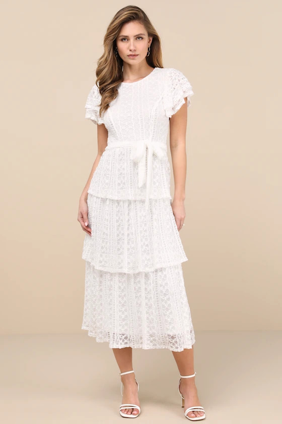 Whimsical Spirit Ivory Lace Tiered Backless Midi Dress | Lulus