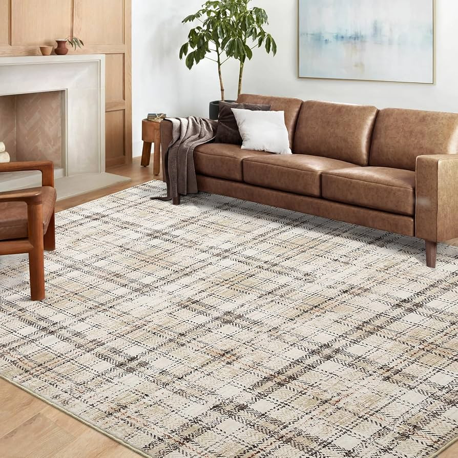 Washable Area Rugs 8x10 Rug for Living Room Modern Plaid Rug Beige Rug Non Slip Large Area Rug fo... | Amazon (US)
