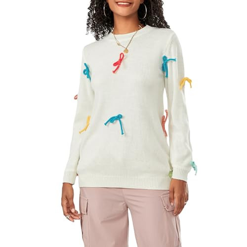 Women Cute Bow Sweater Long Sleeve Bow Front Knitted Pullover Ribbon Lace Up Cable Jumper Knitwear Going Out Top | Amazon (US)