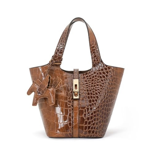 Kadynow Tote Bag for Women Vegan Leather Bucket Purse for Women Crocodile Pattern Top Handle Handbag Shoulder Bag with Detachable Small Purse Brown | Amazon (US)