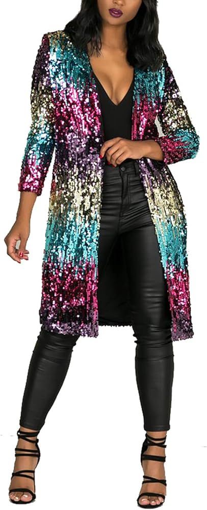 Womens Sparkly Cover Ups Long Sleeve Sequins Open Front Cardigans Coat Party Clubwear | Amazon (US)