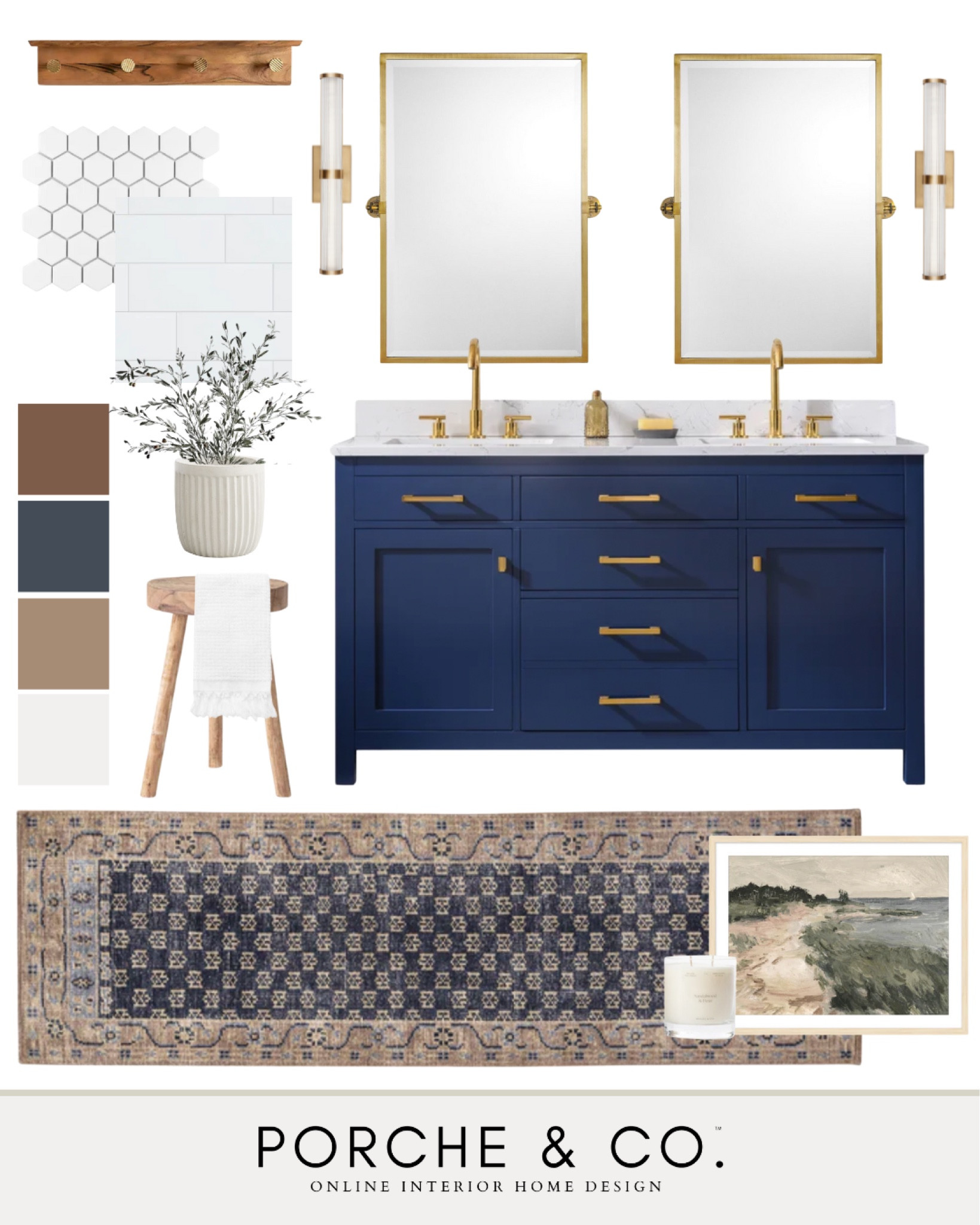 Bathroom mood board, bathroom design inspo, bathroom inspo, double vanity, navy bathroom vanity, bathroom runner, master bathroom inspo, brass vanity mirror 

#LTKsalealert #LTKhome #LTKCyberWeek
