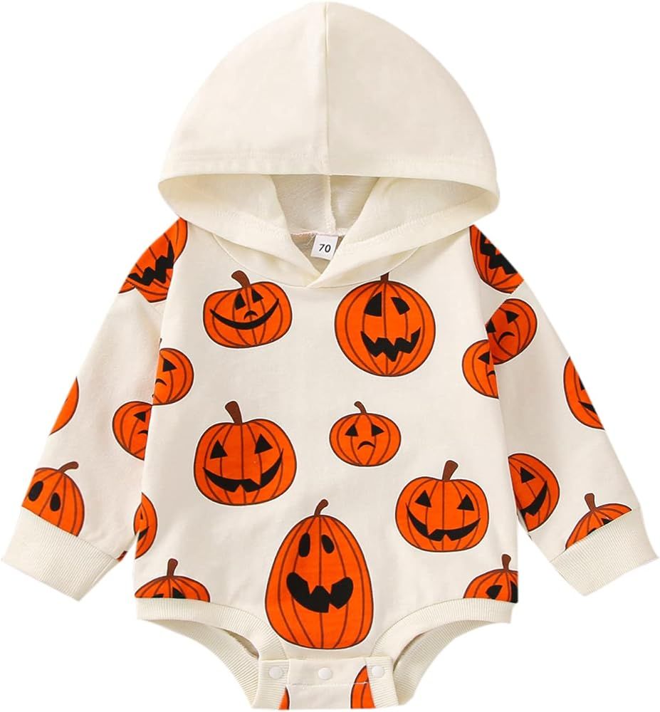 wybzd Newborn Baby Boy Girl Halloween Onesie Pumpkin Outfit Oversized Sweatshirt Hooded Ghost Ske... | Amazon (US)