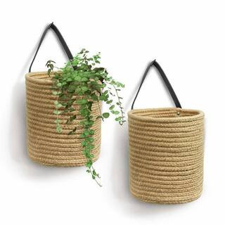 7.87 in. x 7 in. x 11.7 in. Jute Woven Wood Hanging Basket with Leather Handle-Small Wall Decor Set (2-Pack) | The Home Depot