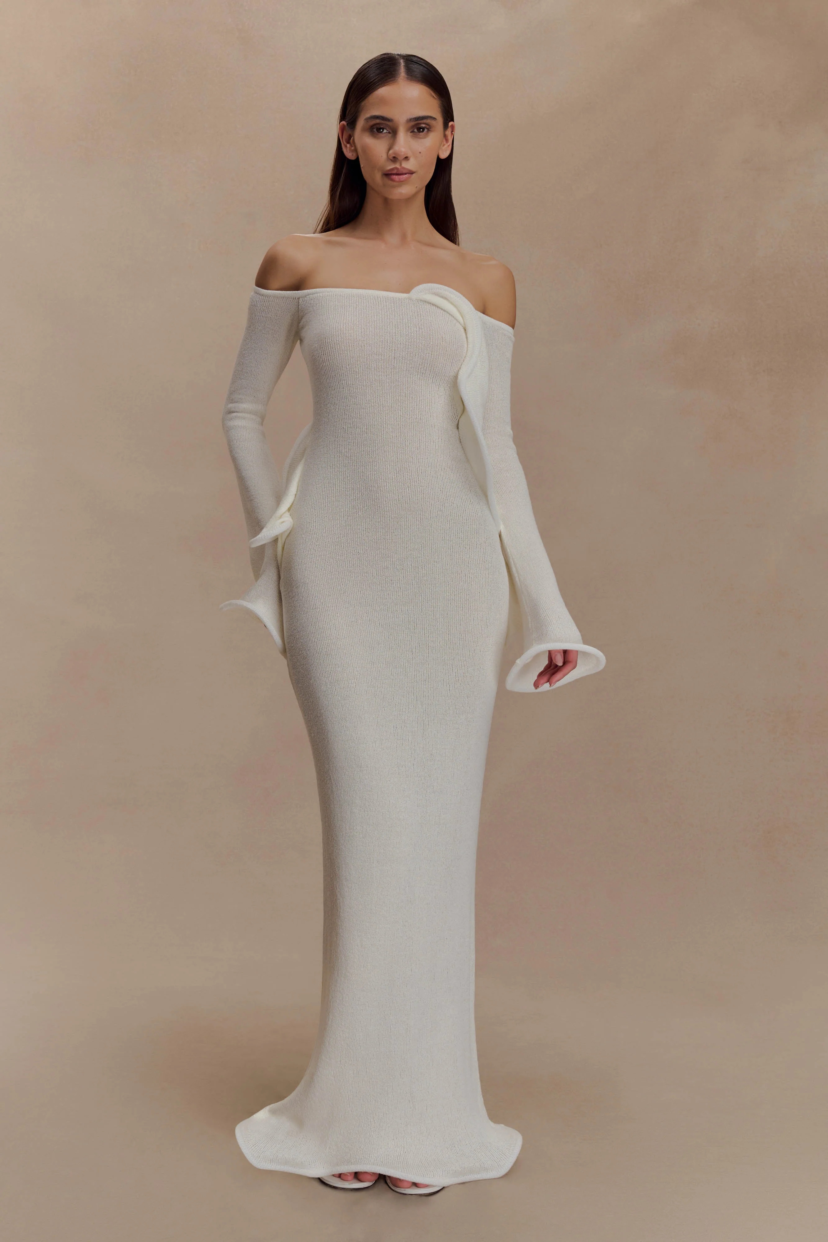 Sandrine Off Shoulder Knit Maxi Dress - White | MESHKI US